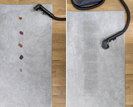 Before and after cleaning stains on a short pile rug with the Russell Hobbs Hot & Cold Spot Cleaner.