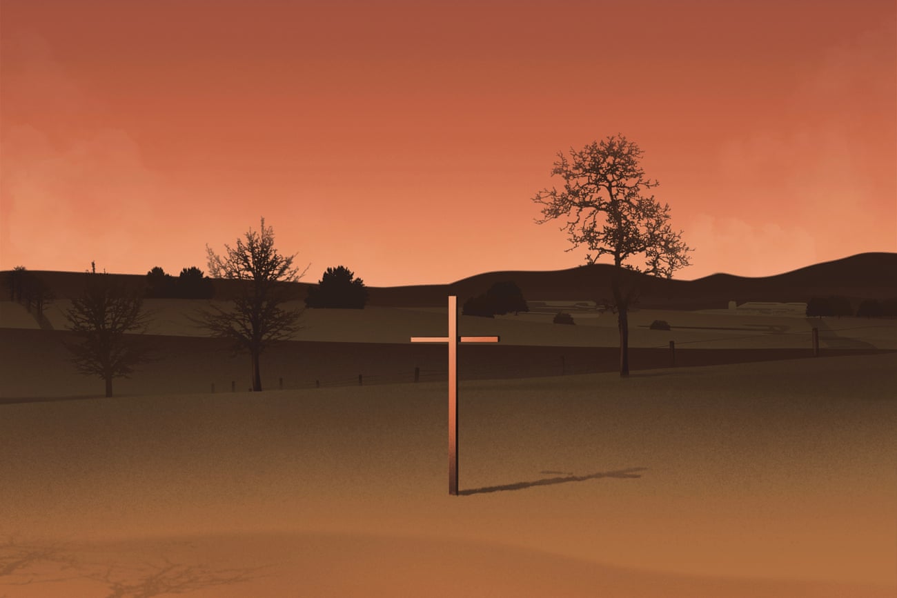 Illustration of a wooden cross standing alone in a paddock with trees and hills in background