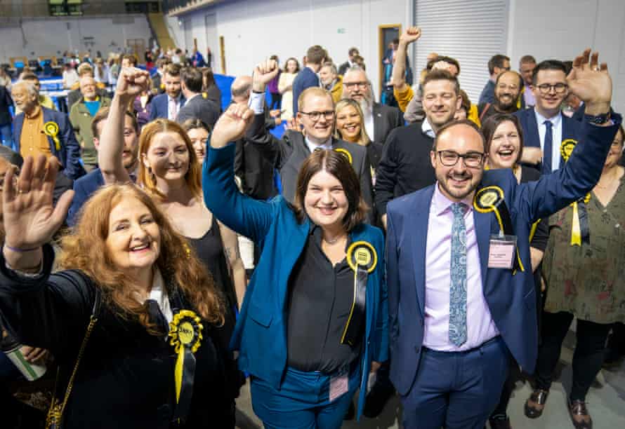 Susan Aitken (center) celebrates with colleagues on the Glasgow City Council Count at the Emirates Arena in Glasgow.