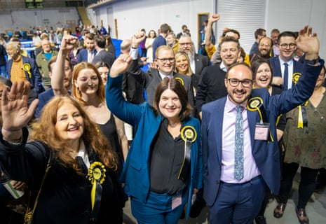 Susan Aitken (centre) celebrating with colleagues at the Glasgow city council count at the Emirates Arena in Glasgow.