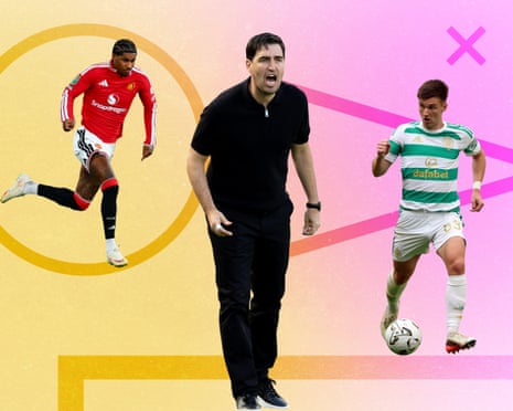 Marcus Rashford of Manchester United, Andoni Iraola, Manager of Liverpool, Kieran Tierney of Celtic