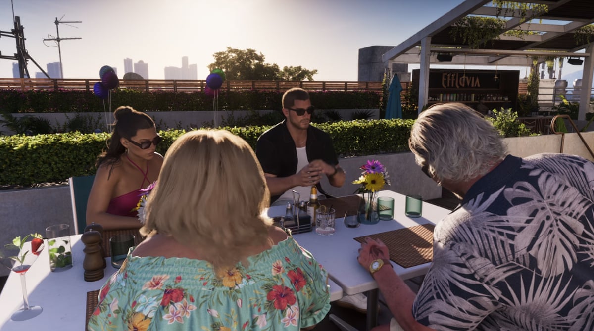 Jason and Lucia at their rooftop bar meeting