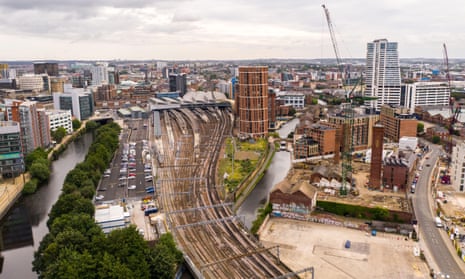 An aerial view of Leeds city centre and railway station.
