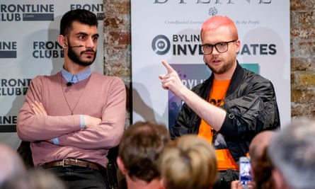 Shahmir Sanni and Christopher Wylie at a press conference at the Frontline Club, March 2018.