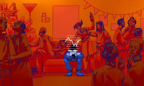 Illustration of a man glued to his phone at a party.