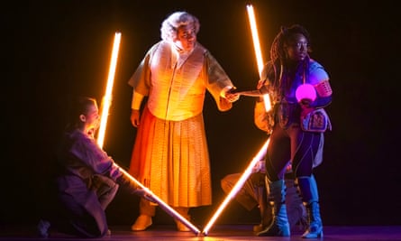 No flute but a lightsaber … Jonathan Lemalu (Sarastro) and Raven McMillion (Pamina) in The Magic Flute.