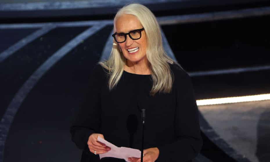 Jane Campion accepts the Oscar for best director.