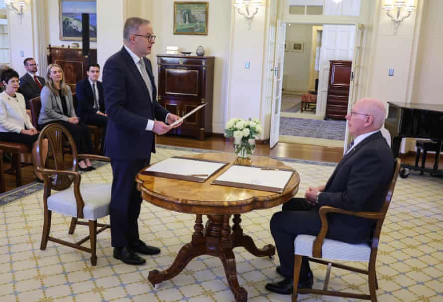 Anthony Albanese stands in front of The Governor-General, His Excellency General the Honourable David Hurley AC DSC (Retd) on May 23, 2022 in Canberra, Australia.