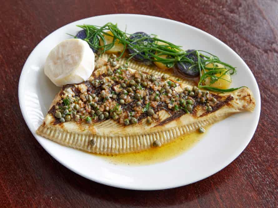 A plate of plaice and caper butter at Le Pont De La Tour restaurant