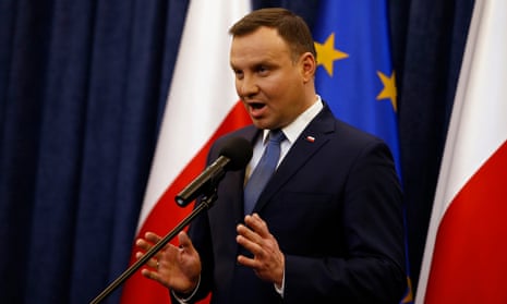 President Andrzej Duda speaking after he signed into law new rules for the constitutional tribunal.