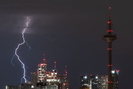 Lightning strike over Frankfurt amid record-breaking heatwave in Europe.