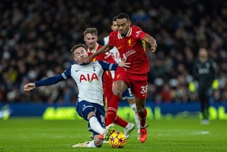 Ryan Gravenberch battles with James Maddison during Liverpool’s 6-3 victory over Tottenham in December.