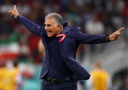 The Iran head coach, Carlos Queiroz, reacts during the World Cup 2022 match against USA.