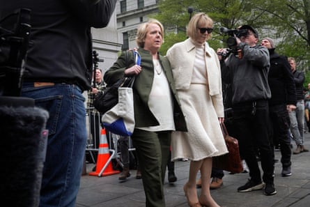 E Jean Carroll, right, leaves federal court with her lawyer Roberta Kaplan on Thursday.