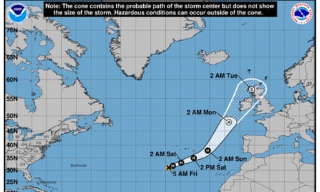 Hurricane Ophelia approaching<br>epa06263320 An undated handout photo made available by US National Oceanic and Atmospheric Administration (NOAA) on 13 October 2017 shows a graphic with an approximate representation of coastal areas under a hurricane warning for hurricane Ophelia over the Atlantic and the National Hurricane Center (NHC) forecast track of the center at the times indicated. Ireland and the United Kingdom are bracing for hurricane Ophelia to make landfall.  EPA/NOAA / HANDOUT  HANDOUT EDITORIAL USE ONLY/NO SALES
