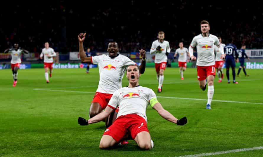 Marcel Sabitzer (leads the Leipzig celebraions after scoring one of his two goals in the Champions League victory over Tottenham.