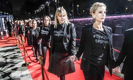 Sofia Helin with other actors last month protesting against industry inaction on sexual harassment and discrimination at the Guldbagge awards in Stockholm. The slogan translates as ‘Silence, action’.