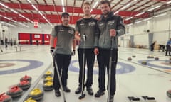 The New Zealand curling team in Calgary, Canada. Zea playing an end at Calgary Curling Club. Left to right: Brett Sargon, Ben Smith, Anton Hood.
