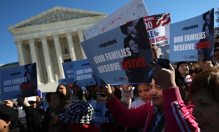 Supporters of immigration reform protest outside the US supreme court on Friday. The protesters demanded the implementation of President Obama’s immigration relief programs.
