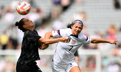 New Zealand’s Ali Riley competes with the USA’s Ashley Hatch during the womens international friendly match won 5-0 by the USA at Eden Park.