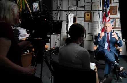 Anthony Fauci filming an interview for the documentary Fauci