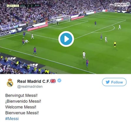 A tweet welcomes Lionel Messi to Real Madrid.