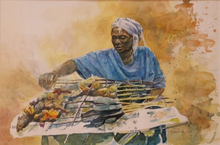 Watercolour painting of a woman wearing a blue top barbecuing food on a street stall