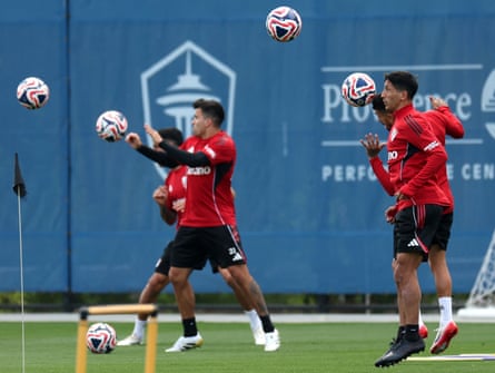 River Plate players take part in a training session.