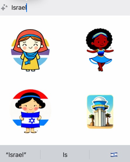 An AI generated sticker search in WhatsApp shows images of three girls when prompted with the search “Israel.”