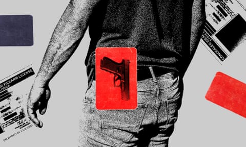 Illustration of a man from behind with a gun in a red box