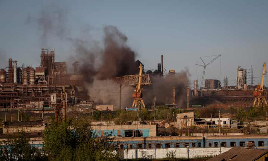 Smoke rises over Azovstal steel plant in Mariupol.