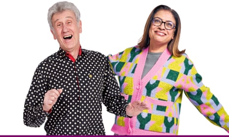 A composite image of Fred, wearing a black shirt with white spots, and Sajeda, wearing a brightly patterned cardigan in pink, green, yellow and grey