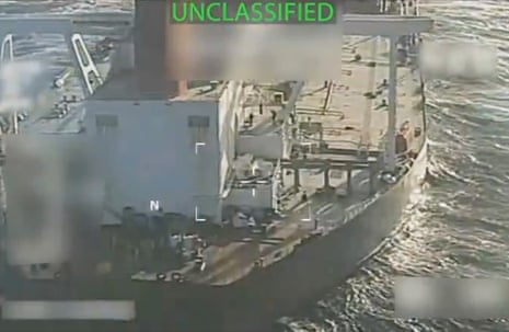 This image from video posted on attorney general Pam Bondi’s X account, and partially redacted by the source, shows an oil tanker being seized by US forces off the coast of Venezuela.
