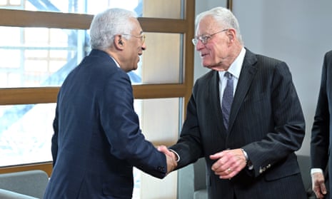 US special envoy for Ukraine and Russia Keith Kellogg (R) is being welcomed by European Council president Antonio Costa (L) in Brussels.