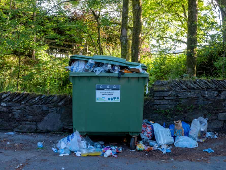 Overflowing rubbish in a car park near Windermere.