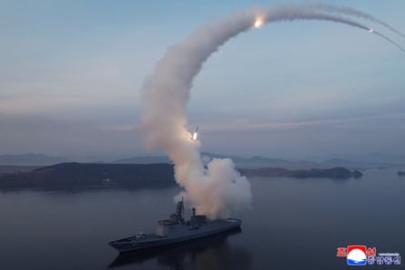 The Choe Hyon naval destroyer conducts a missile test launch in march.