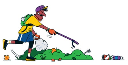 Ilustración de un hombre haciendo 'plogging': recogiendo basura y trotando