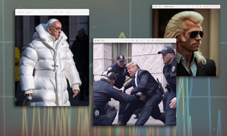 IComposite of images apparently showing Pope Francis in a long, dazzlingly white puffer jacket, Donald Trump apparently being seized by police in the street, and Joe Biden in a long rock-star mullet and sunglasses