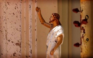 Negombo, Sri LankaBloodstains on the wall and on a statue of Jesus Christ in St Sebastian’s Church after an explosion