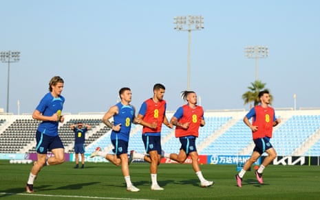 England's Conor Gallagher, Kieran Trippier, Conor Coady, Kalvin Phillips and Mason Mount during training on Monday.