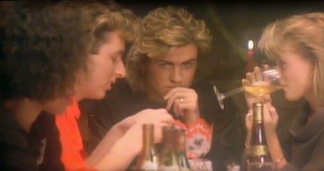 Kathy Hill (far left) and George Michael in the video for Last Christmas.