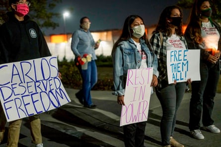Protesters outside Otay Mesa detention in May 2020 center during a vigil to commemorate Carlos Ernesto Escobar Mejia, the first immigrant who died of Covid.