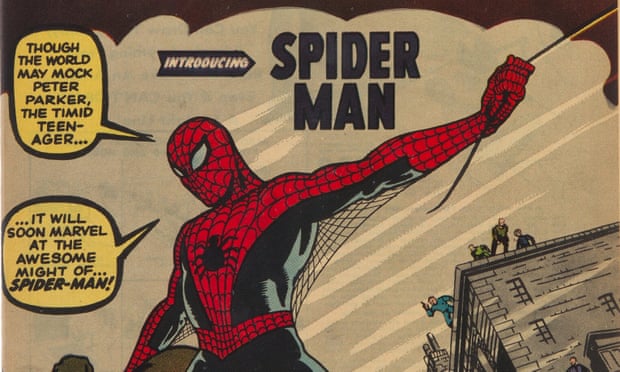 Spider-Man swings into action on the cover of Amazing Fantasy #15. 