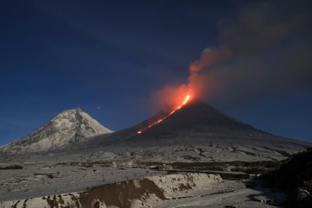 The Klyuchevskoy volcano, one of the highest active volcanoes in the world, during an October 2023 eruption.