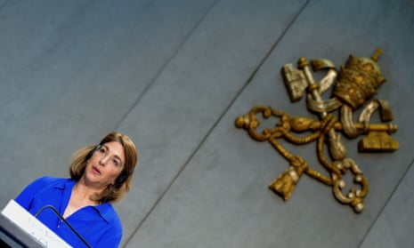 The Canadian activist Naomi Klein speaking at the Vatican at a conference on the climate change encyclical by Pope Francis.