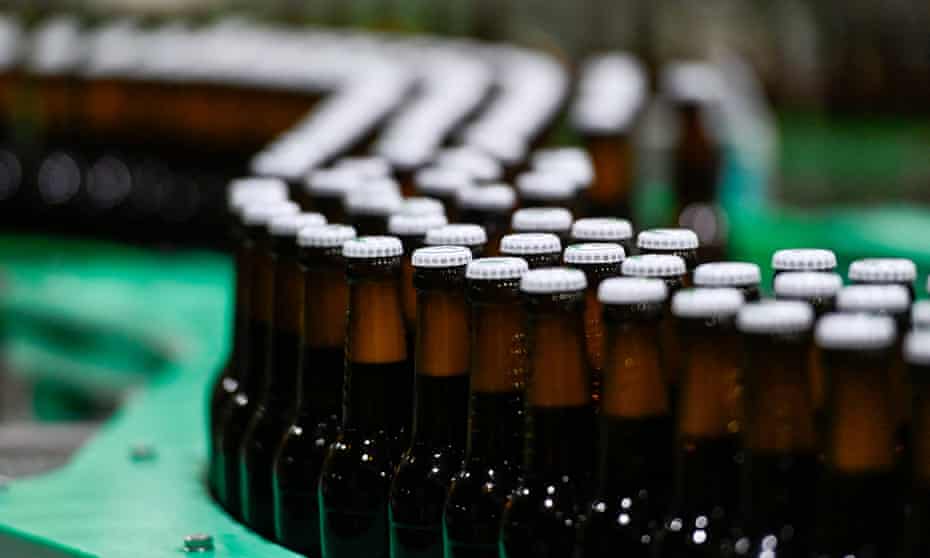 Beer bottles on a conveyor belt