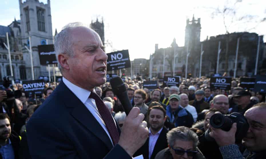 Jonathan Arkush, the president of the Board of Deputies, delivers a speech during a protest outside parliament