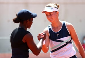 Sloane Stephens of The United States congratulates Barbora Krejcoikova of The Czech Republic.