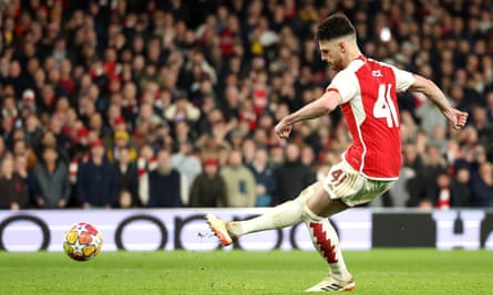 Declan Rice powers his his penalty, Arsenal’s fourth, into the back of the net.