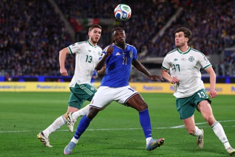 Moise Kean struggles to control the ball in the box.